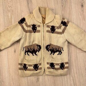 Vintage Buffalo Cowichan Style Wool Sweater Talon Zip Shawl Collar S/M